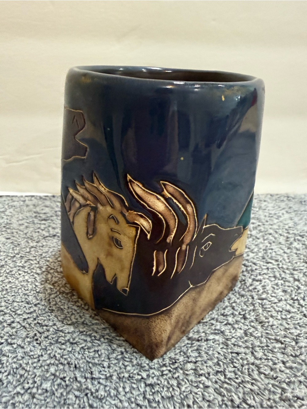 Mexican Pottery Wild Horses Coffee Mug Teal Blue Horse Cup Mara Signed Square - Picture 2 of 6